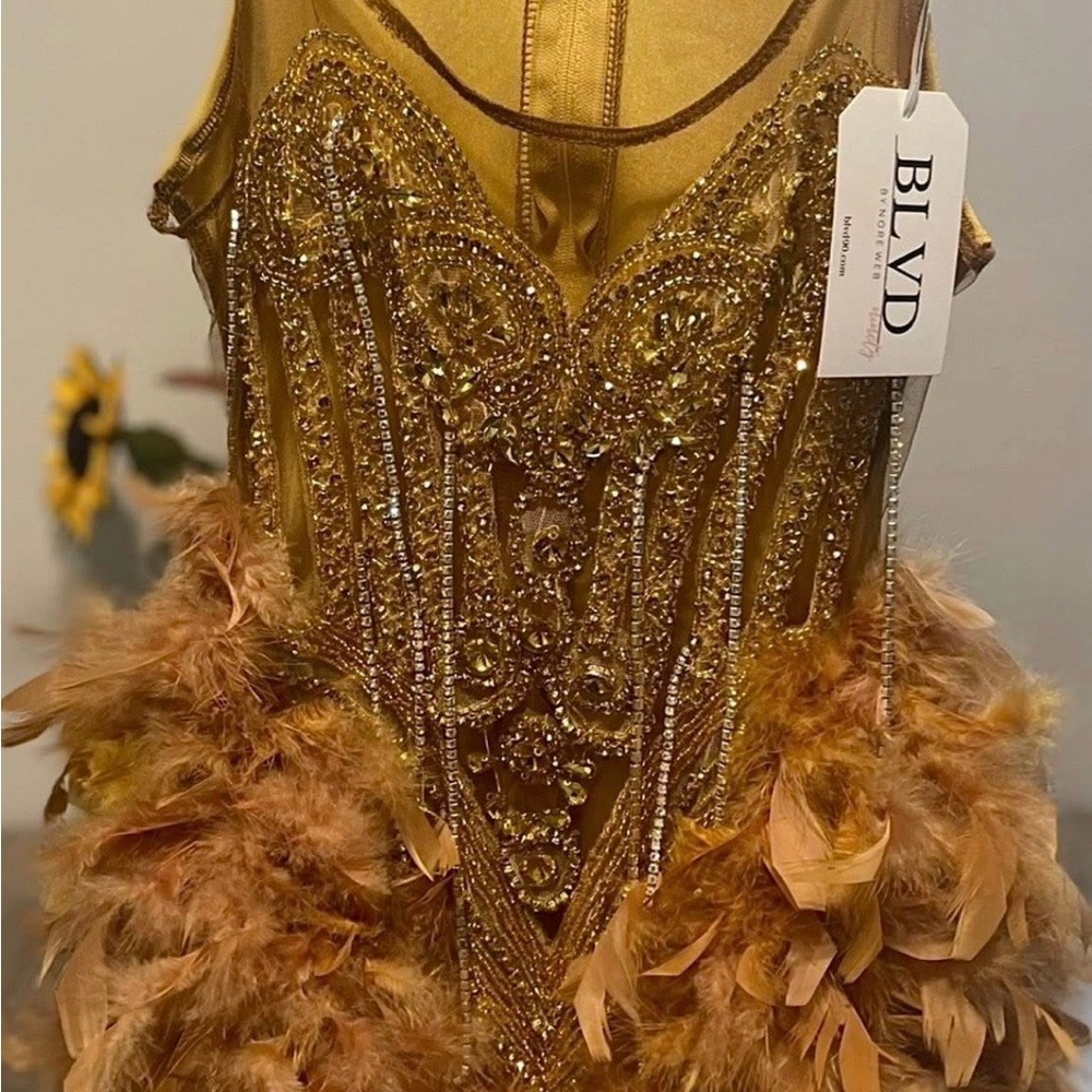 BLVD Gold Embellished Feather Dress